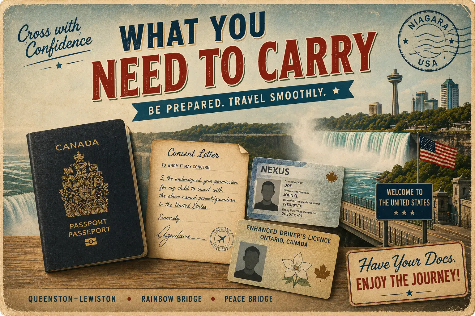 Passport and travel documents needed for Ontario visitors crossing to Niagara Falls, USA