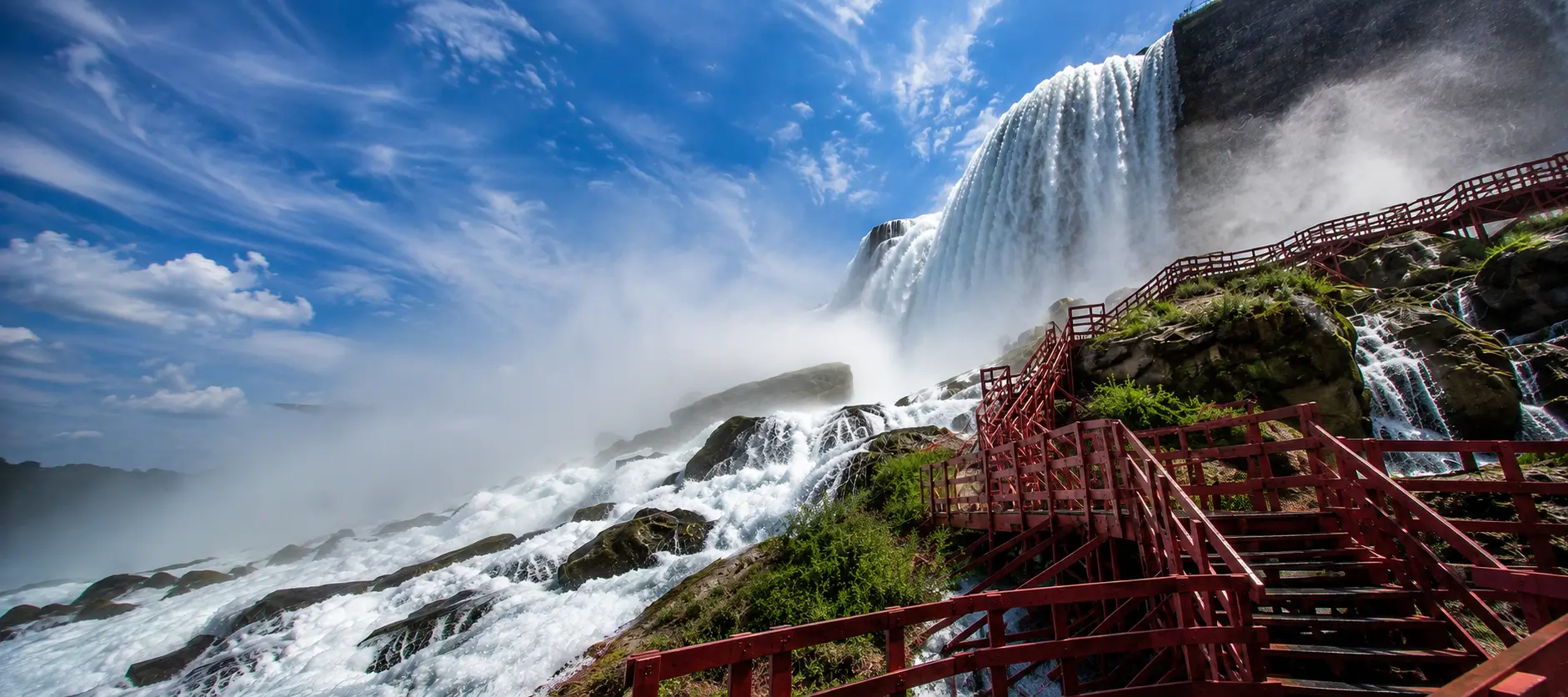 Visitors close to the base of Niagara Falls from the American side walkways