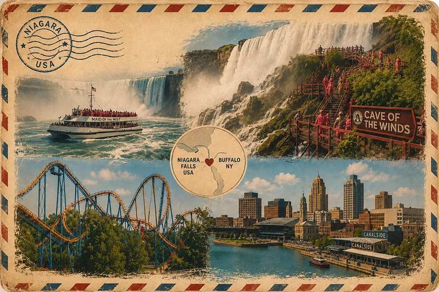 Illustrated vintage postcard of Niagara Falls, the Rainbow Bridge, and Six Flags Darien Lake on the American side